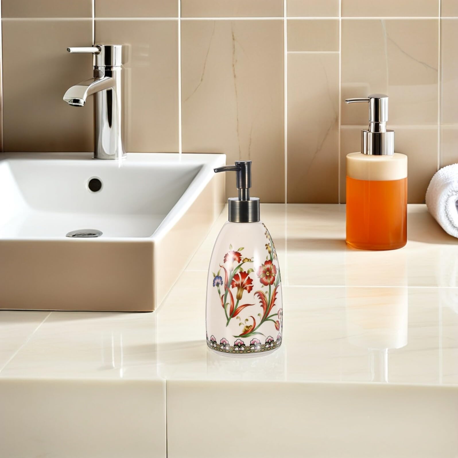 jojofuny Dispensador de Jabón de Cerámica 450 Ml, Recargable, Diseño Ergonómico para Cocina y Baño, Recipiente Decorativo para Encimera