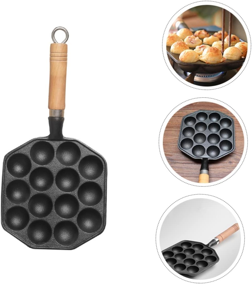 14-Cavity Cast Iron Grill Pan Wooden Handle Non-Stick Baking Mold for DIY Kitchen Cooking for Preparing Japanese Snacks and Treats