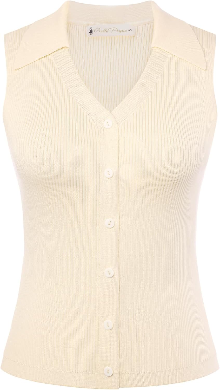 Belle Poque Womens Button Down Tank Tops Summer Ribbed Vest Top Sleeveless V Neck Collared Vest Shirt Slim Fit Going Out Tops