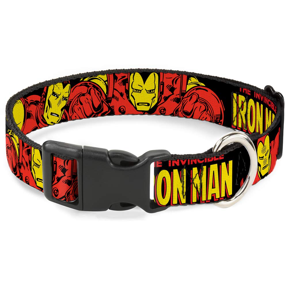 Dog Collar Plastic Clip The Invincible Iron Man Action Poses Black Red Yellow 11 to 17 Inches 1.0 Inch Wide