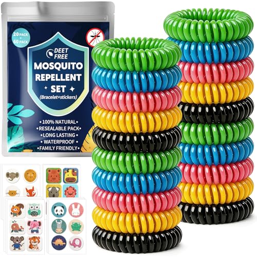 Mückenschutz Armband Mückenarmband - 20 Stück Anti Mücken Armband mit 60 Mückenpflaster für Kinder Erwachsene, Camping Zubehör Gadgets Reise Outdoor Mückenabwehr Armband, Urlaub Must Haves Sport