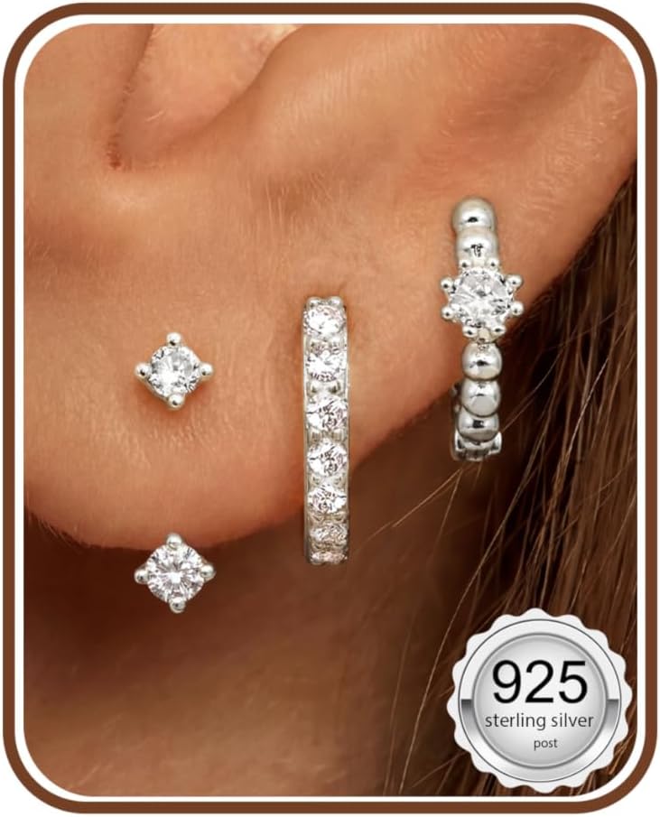 3 Pairs Sterling Silver Stud Hoop Earrings Set for Women 14K Gold Plated Earrings Stacks Dainty Small Stud Hoop Earrings Sets for Multiple Piercings