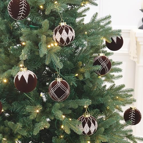 Image of 4IN Large Velvet Christmas Ornaments with Glitter, 9PCS Flocked Ornaments | brown velvet ornaments for christmas tree decorations set,hanging neutral felt flocked balls bulk plastic shatterproof
