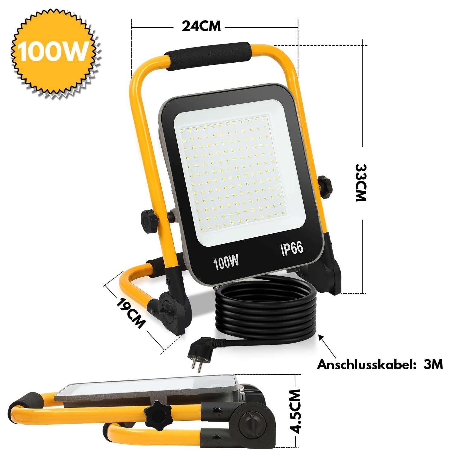 Faretto da costruzione 100W 10000LM, Proiettori per Esterni LED Batteria 6000K Luce diurna bianca, Lampada da cantiere a LED con spina, con cavo 3M e impermeabile IP66
