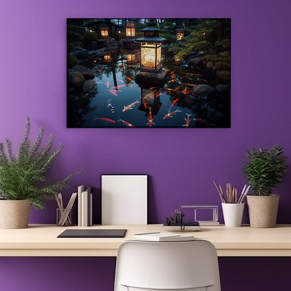 Canvas for Living room. Moonlit Serenity: A Luminous Encounter with Japan's Nighttime Garden Elegance, 27 x 18 inch Canvas Wall Art - Ready to Hang