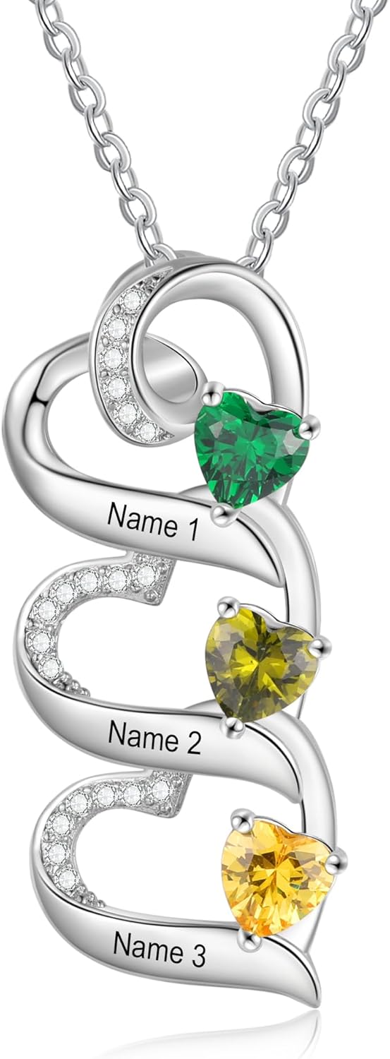 Personalized Mother Day Necklace with 2-5 Names & Birthstones, 925 Sterling Silver Custom Heart Pendant Mother Day, Christmas, Birthday Gifts for Women Mom Wife Grandma