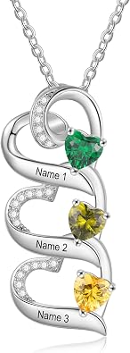 Personalized Sterling Silver Necklace for Women, Couple Birthstones Engraved Names Love Heart Pendant Promise Necklace for Women