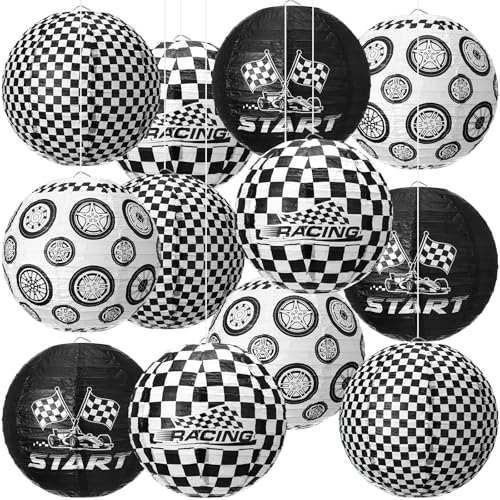 Image of VIHOSE 12 Pieces Black and White Checkered Paper Lanterns Race Car Party Decorations 8 Inch Checkered Flag Hanging Round Paper Lanterns for Checkered Flag Party Birthday Indoor Outdoor Supplies