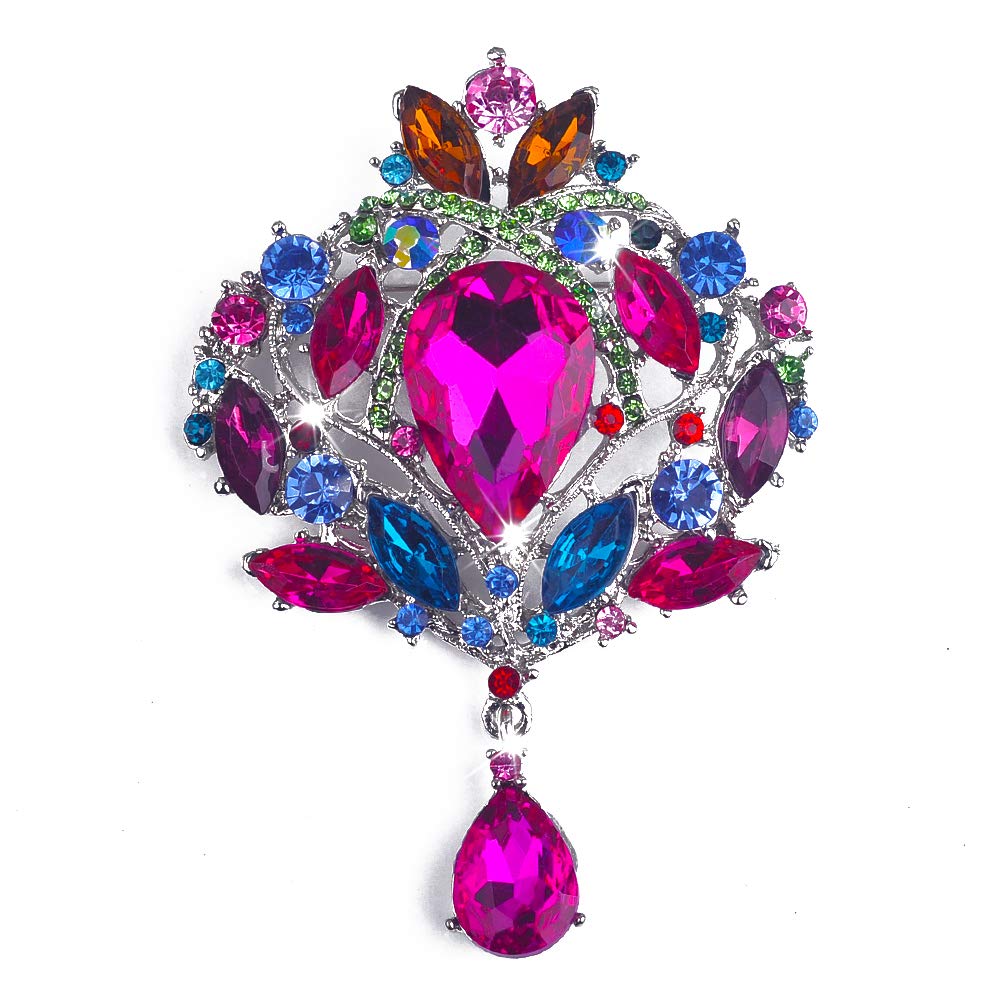 Wedding Bridal Big Crystal Rhinestone Bouquet Brooch Pin for Women (Rose Red)