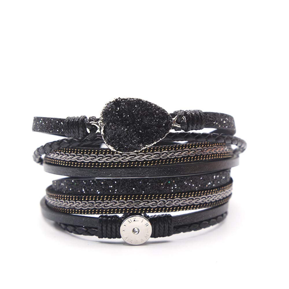 Lederarmband für Frauen, mehrschichtige Vintage Lederarmband Schwarzes Kristallgewebe-Leichtmetallzubehör Armband Lederarmband Weibliche Magnetschnallen Armband Personalisierte Kleidung Accessoires