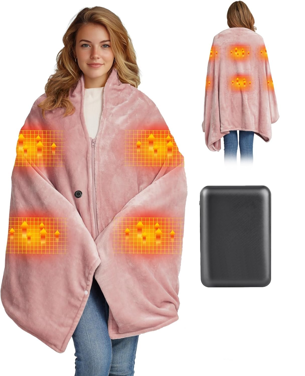 Moteoza Heizdecke Kabellos mit 10000mAh Akku, 160x90cm Elektrische Flanell Wärmedecke Tragbar für Damen & Herren, 3-Stufen-Heizung, Waschbar für Zuhause, Büro, Camping, Rosa