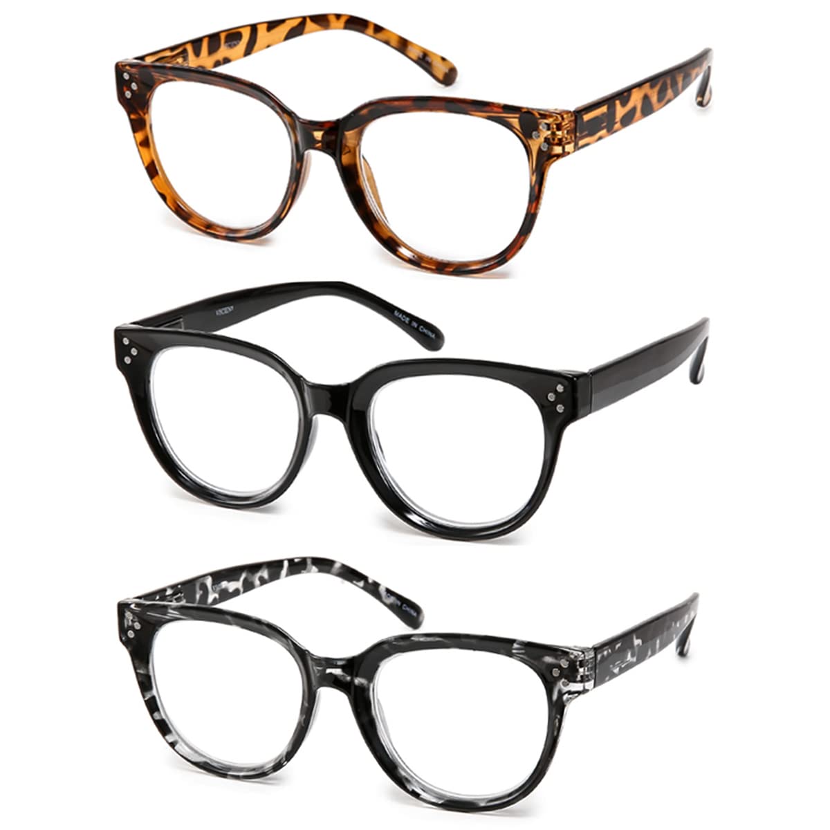 Vecien Reading Glasses Oversized for Women Large Frame Big Lens Readers Spring Hinge Retro 3 Pack