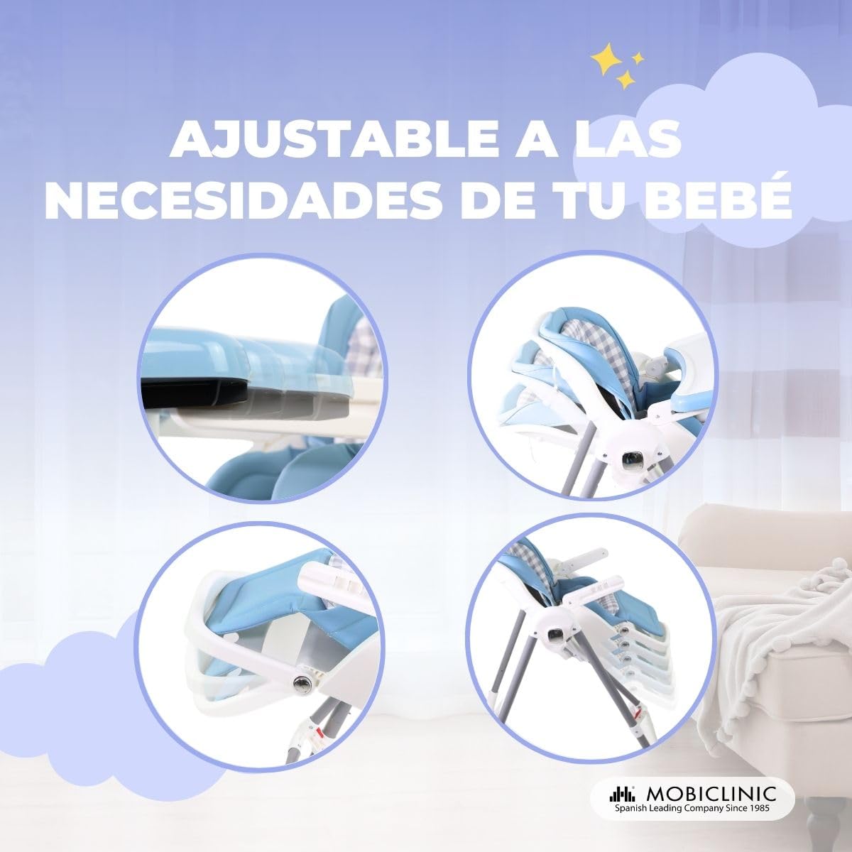 Mobiclinic®, Trona balancín evolutiva, 3 en 1, 6-36 meses, 15kg, Nala, Plegable, Ajustable altura y respaldo, Doble bandeja extraíble, Ruedas giro 360º, Arnés con 5 puntos
