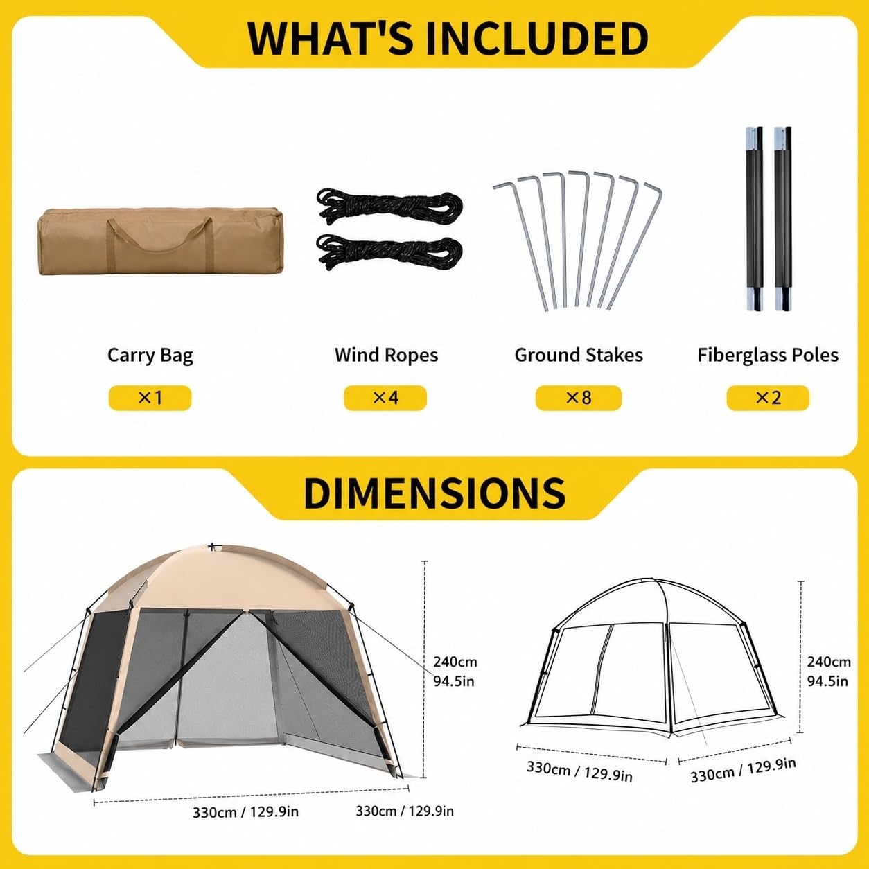 Gazebo da Campeggio con Zanzariera, Ampio Riparo da Esterno con Tetto Completo, Ventilazione a Rete 360°, Montaggio Rapido, Gazebo Anti-Insetti per Campeggio, Giardino, Barbecue e Picnic
