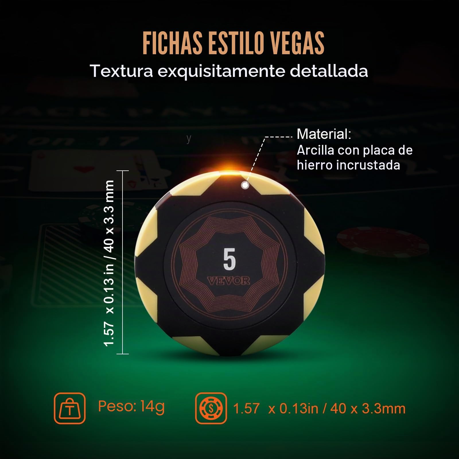 VEVOR Estuche de Póquer 500 Fichas de Póker de Clay y ABS 14g 40x3,3mm con 2 Barajas de Cartas Texas Holdem 1 Botón de Distribuidor y 2 Botones Ciegos para Juegos de Apuestas Blackjack Casino en Casa