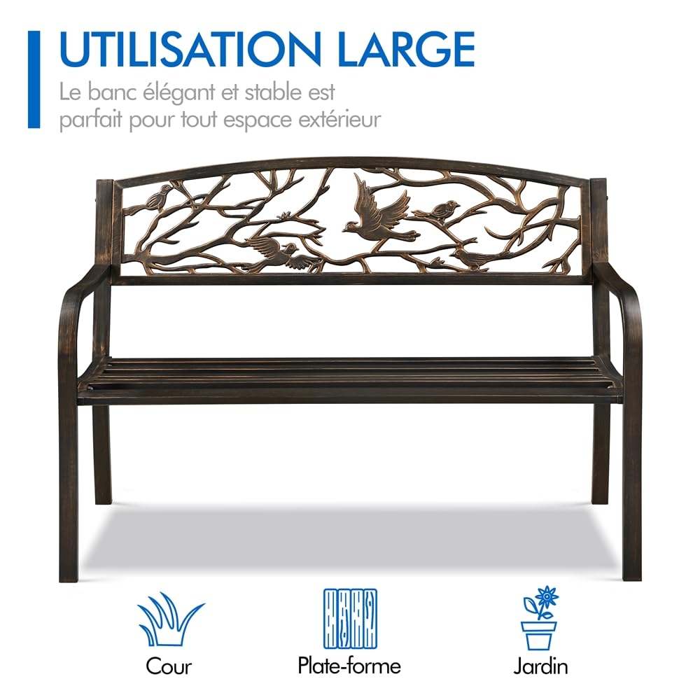 Yaheetech Banc de Jardin en métal pour 3 Personnes Style rétro, Banc de Repos en Fer avec Dossier et accoudoir pour Cour Jardin terrasse Balcon café