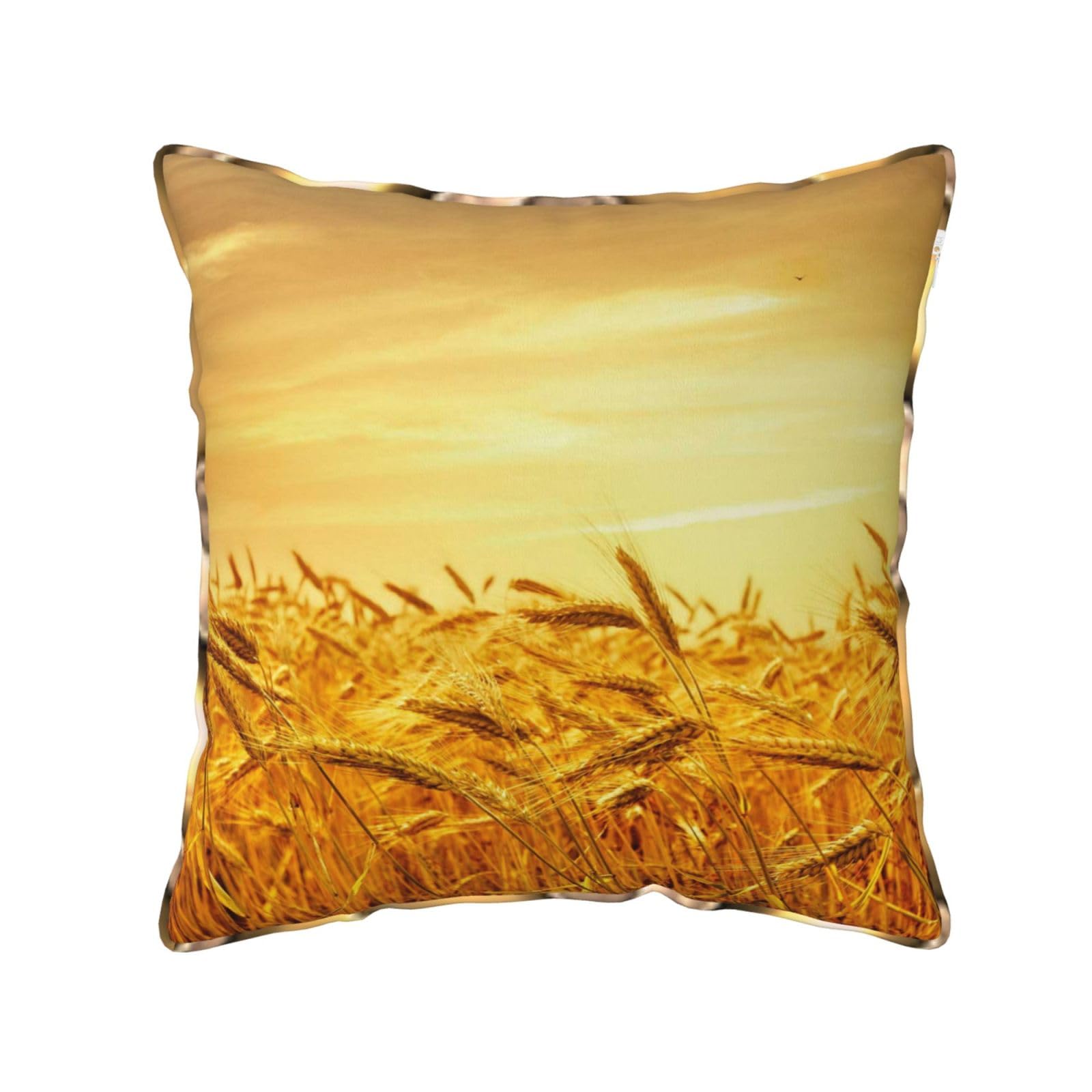 AUBKFELD Wheat Field Printed Velvet Cushion Cover 40x40 CM with Gold Edging Strip, Square Pillowcase Soft Throw Pillow Covers Case Decorative for Living Room Sofa Couch Bed Bench