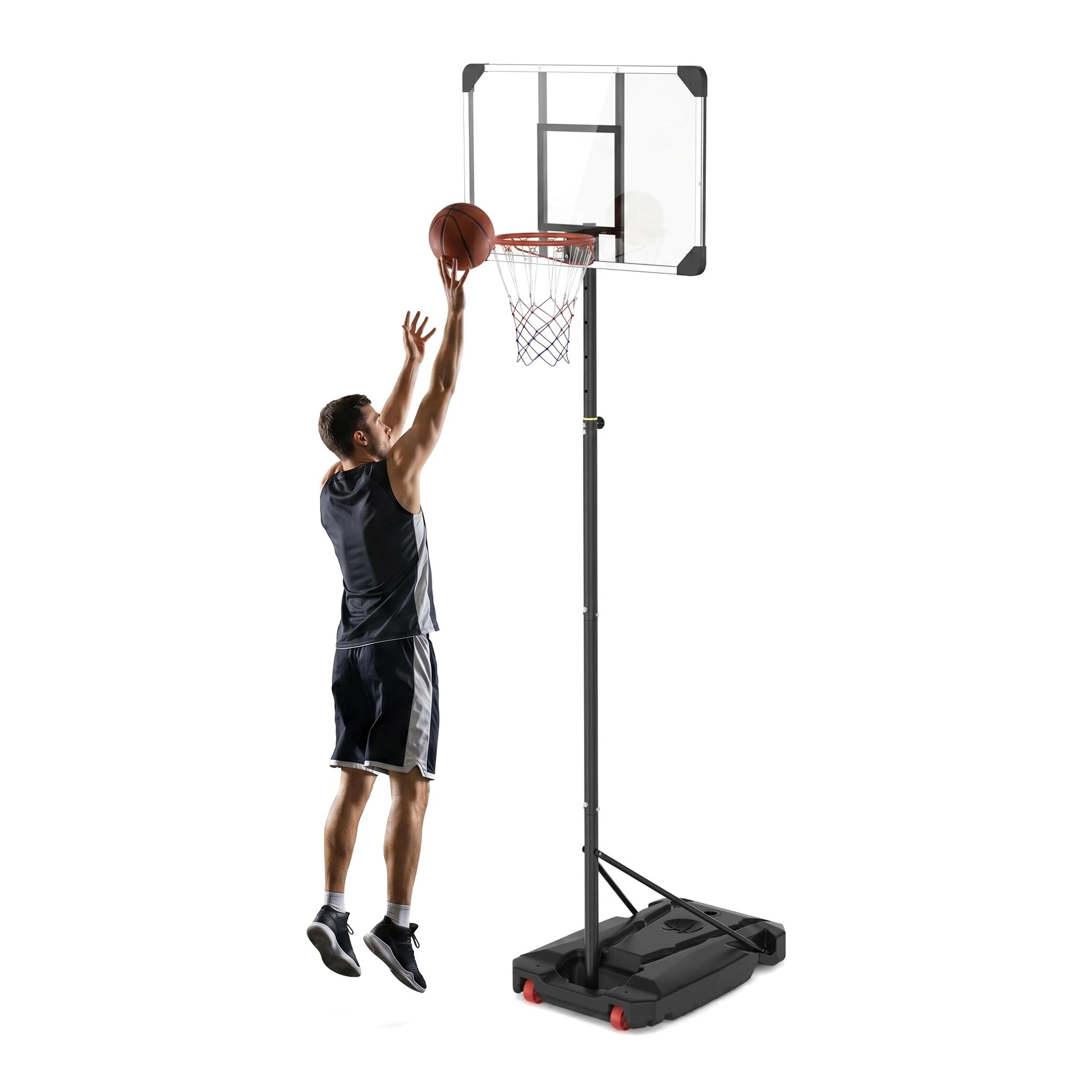 Basketballkorb Outdoor Variable Höhe Basketball Korb mit Rollen Erwachsene | Basketballkorb Outdoor höhenverstellbar 150-260 cm Basketball Korb mit Rollen befüllbarer Standfuß Rückwand Basketballanlage
