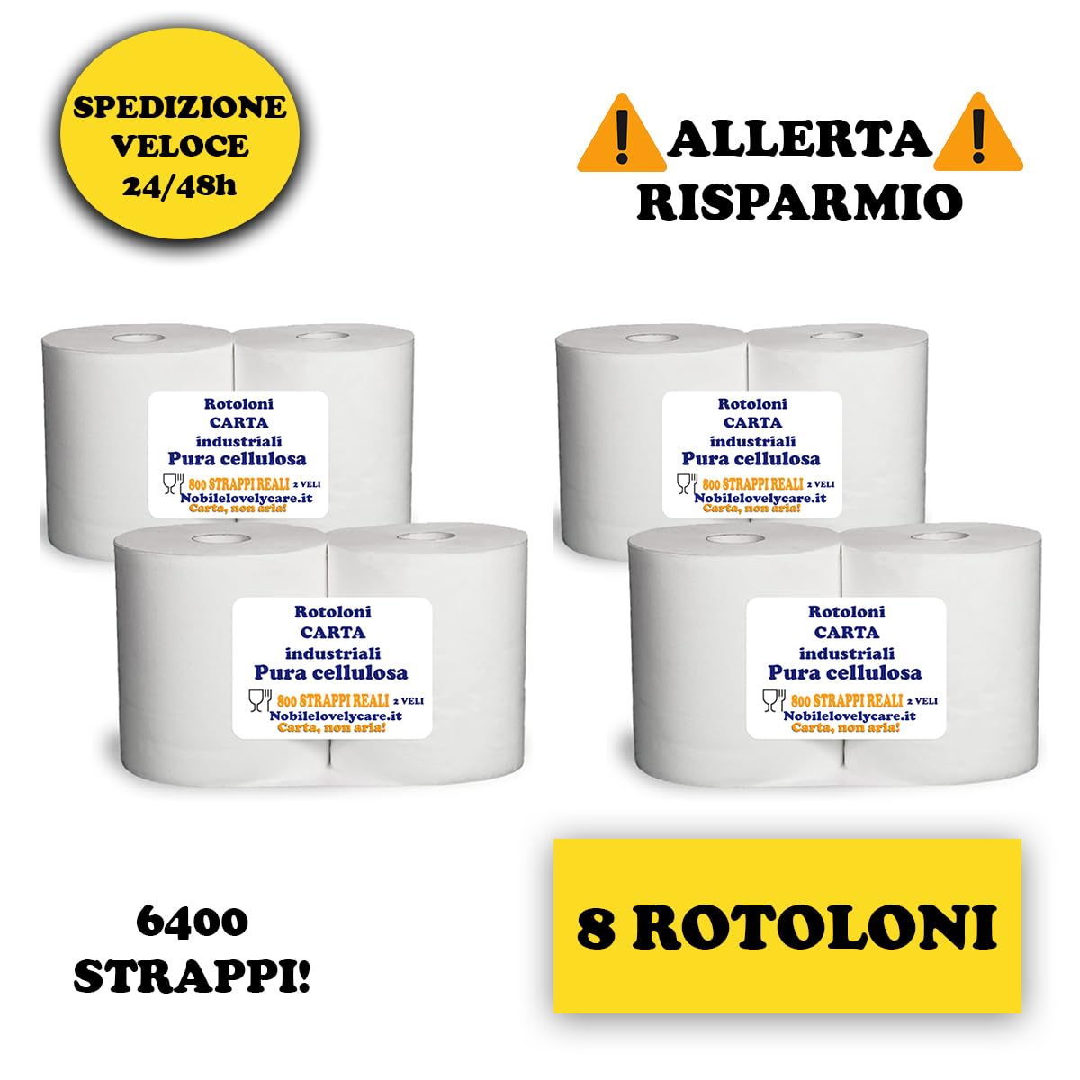 8 Rotoloni carta asciugatutto industriale bobina 800 strappi x 8 totale 6400 strappi pura cellulosa tipo pesante 2 VELI uso alimentare assorbitutto confezione da 8 ROTOLI