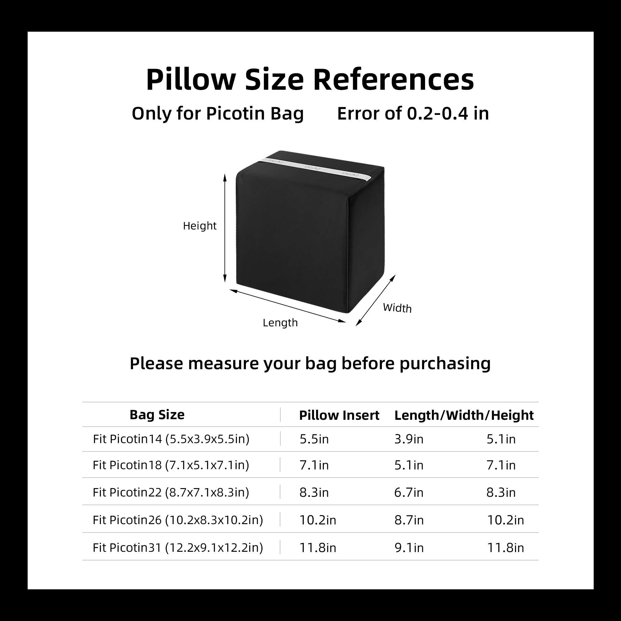 DGAZ Inserto per cuscino da borsa, di lusso, in memory foam, adatto a picotin18/22Bags (nero, PC18)