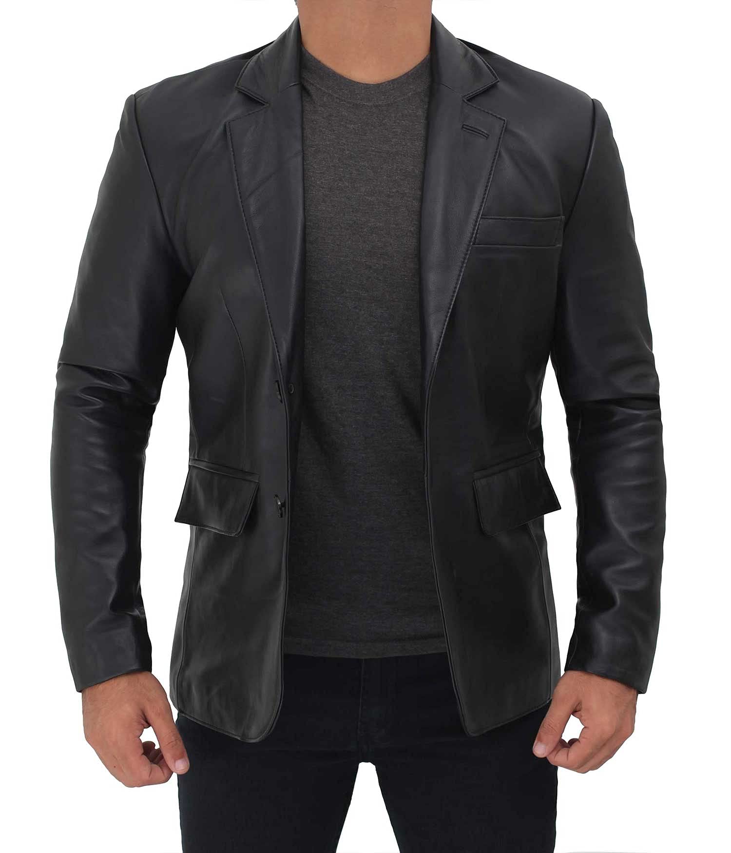 Blingsoul Real Leather Blazer Mens - Casual Leather Sport Coat with Notch Lapel, Lambskin Leather Jacket for Men