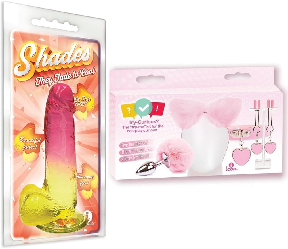 Couples Sex Toy Bundle of Shades, Large Jelly TPR, Gradient Dong, Pink and Yellow and Icon Brands Try Curious Kitty Kit - Pink