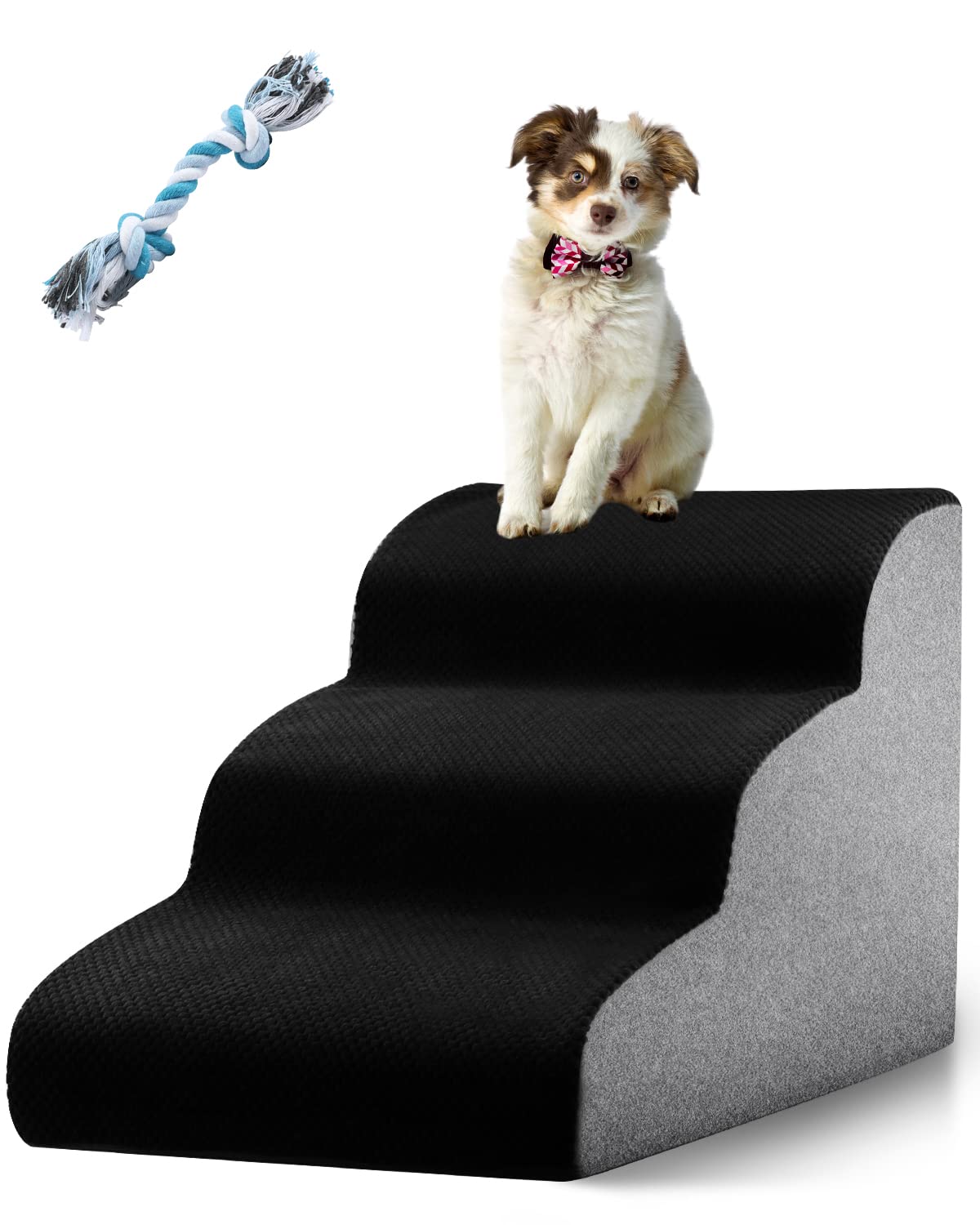 TNELTUEB High Density Foam Dog Stairs 3 Tiers, Extra Wide Deep Dog Steps, Non-Slip Dog Ramp, Soft Foam Pet Steps, Best for Dogs Injured,Older Cats,Pets with Joint Pain, with 1 Dog Rope Toy (Black)