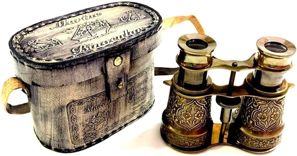 Vintage Brass Opera Glasses, 4 Inch Antique Nautical Binoculars with Decorative Leather Case
