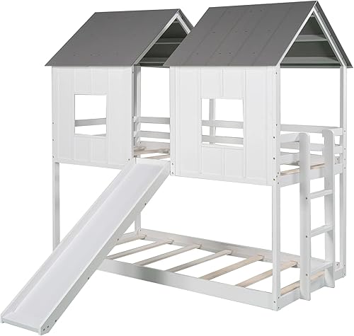 Miniatura 54 de Merax Cama de madera de tamaño completo con ventana y valla, marco de cama matrimonial para adolescentes, niños y niñas, gris