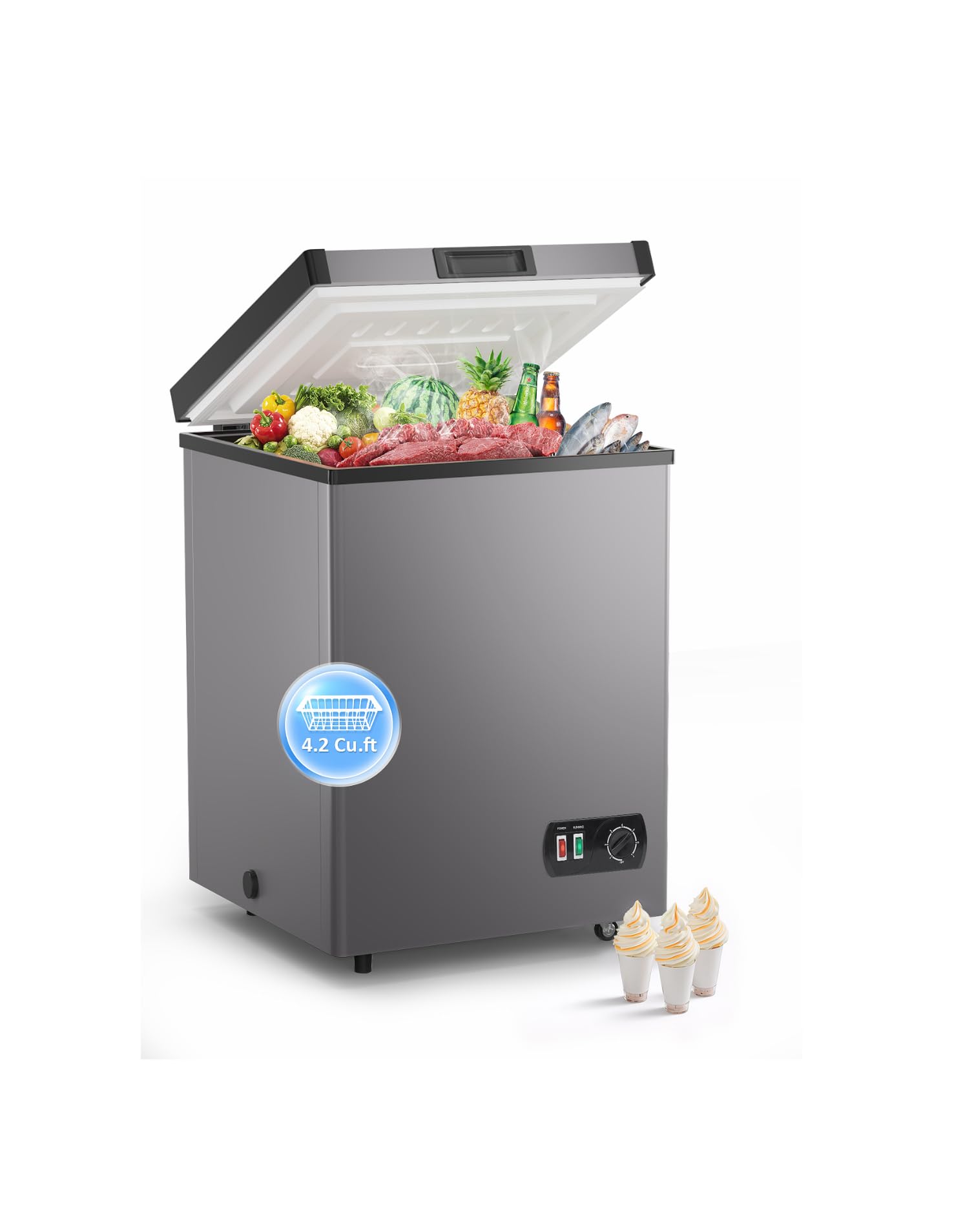 3.5 Cu.Ft Small Chest Freezer With Removable Storage Basket, 7 Adjustable Temperature Controls, Mini Deep Freezer With Top Open Door, Ideal For Kitchen Garage Office Dorm Apartment, Grey on Fridge.com - View 1