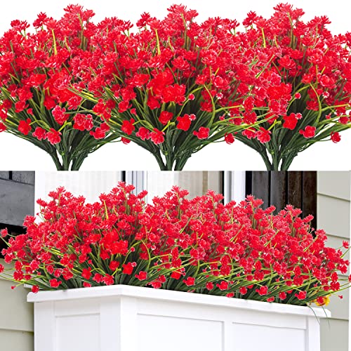 Artificial Fake Flowers, 12 Bundles Outdoor Uv Resistant Greenery Shrubs Plants Indoor Outside Hanging Planter Home Garden Décor (Red) #TOP19