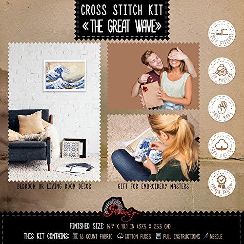 Povitrulya Counted Cross Stitch Kit For Adults ‘The Great Wave Off Kanagawa’ - Hokusai’s Ukiyo-E Japanese Art - Embroidery Set With Pattern Japan Design #TOP4