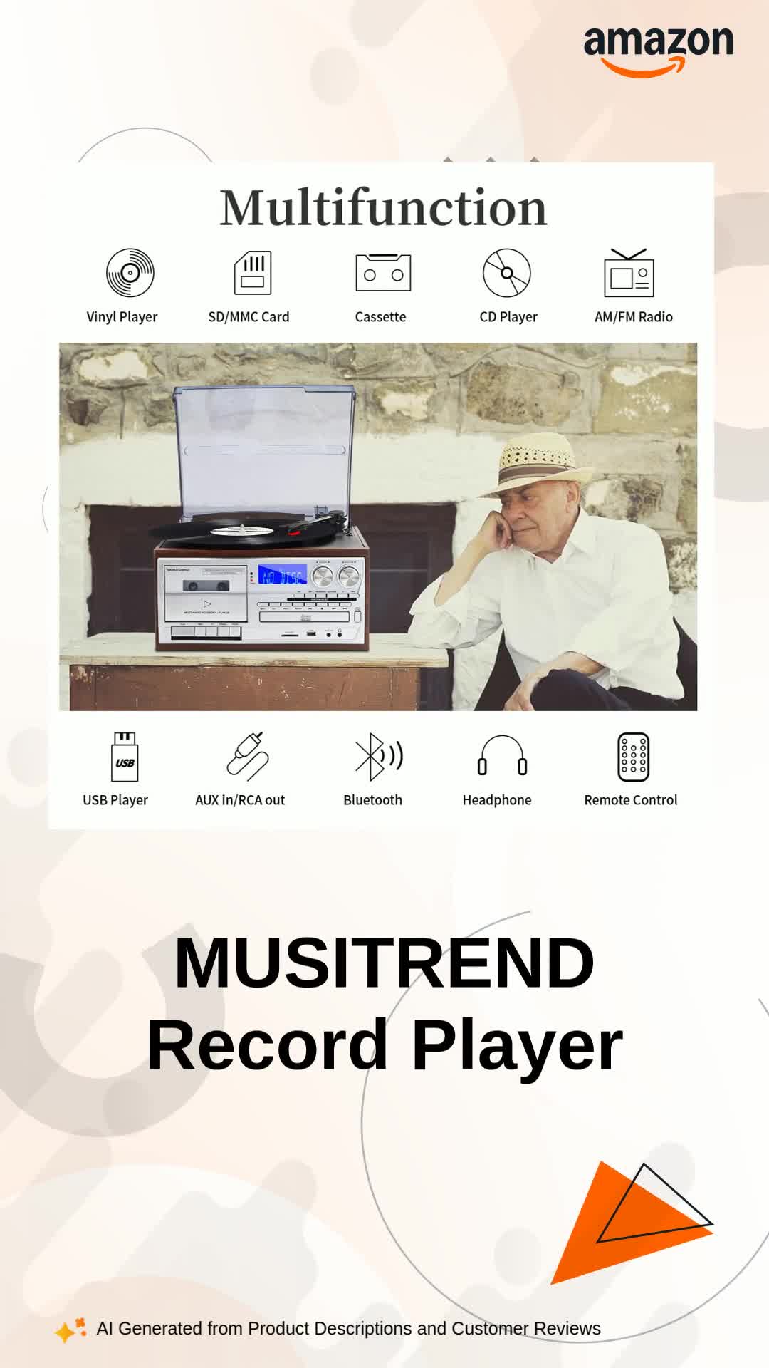 MUSITREND Record Player 9 in 1 3 Speed Bluetooth Vintage Turntable