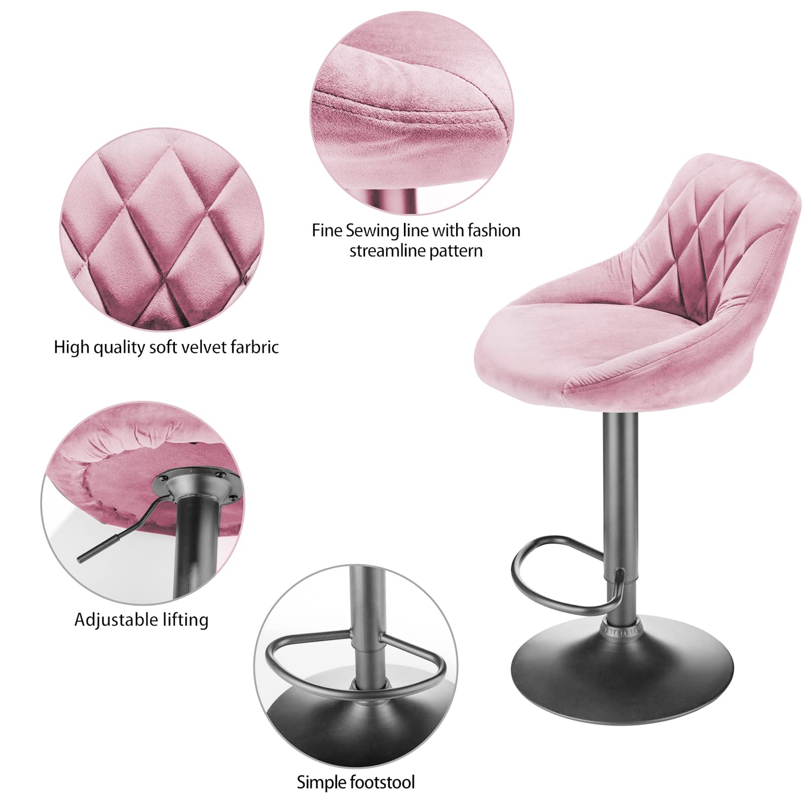 Tabouret de Bar Lot de 2 en Velours, Chaise Haute Bar, Tabourets de Cuisine Hauteur Réglable, Tabouret de Bar Pivotant avec Dossier et Repose-Pieds. (Rose)