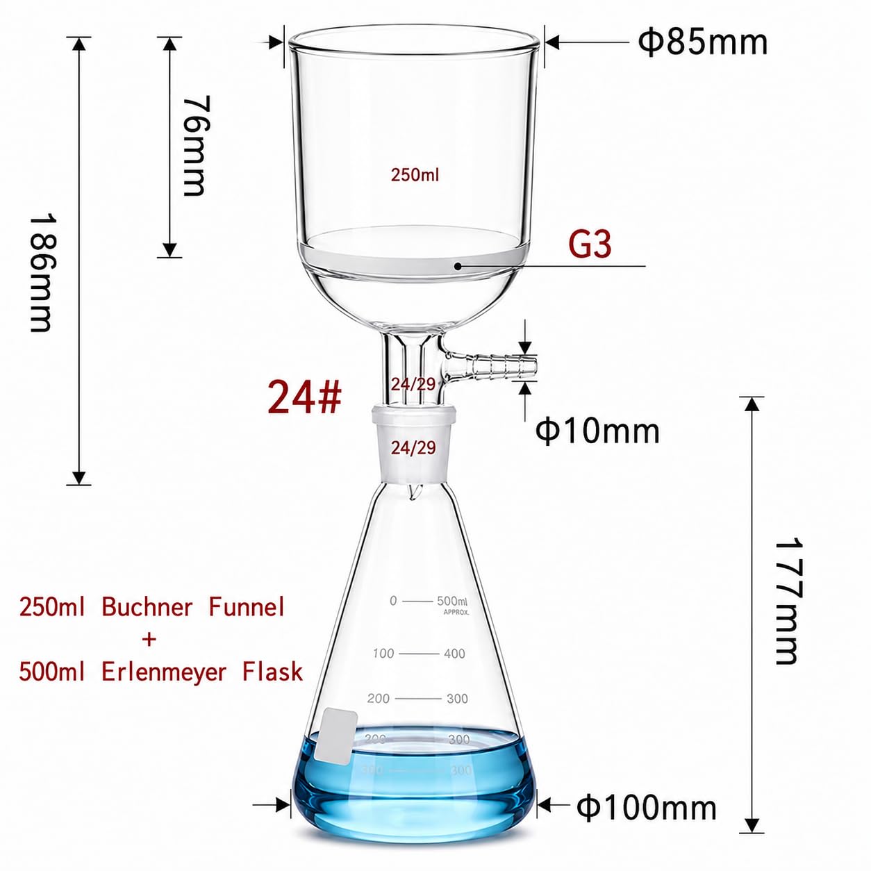G3 Buchner Kit de filtración de embudo Aparato de destilación de filtración de vacío de laboratorio con embudo de filtración de núcleo de arena y matraz Erlenmeyer y tubo de goma (500ml)