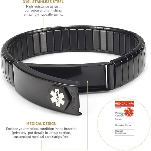 Miniatura 10 de EnerMagiX Medical Alert Bracelet for Men Women, Stainless Steel Personalized Adjustable Elastic Medical ID Bracelet for Diabetes, Allergies,