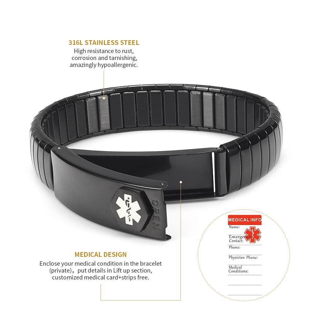 EnerMagiX Medical Alert Bracelets for Men Women, Elastic stainless steel ID Bracelet for Type 1 and Type 2 Diabetes Epilepsy Emergency (Black, 18CM(7.08inch))
