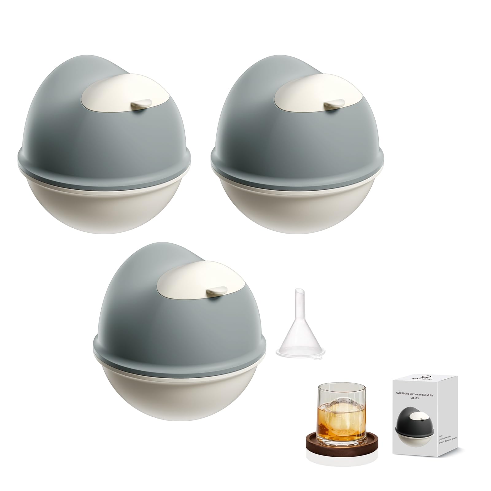 YARRAMATE Silicone Round Ice cube Mold for Whiskey (Set of 3), 2.8 Inch Whiskey Ice Cubes Mold with Funnel, Easy Release Ice Ball Maker Mold for Cocktails, Bourbon, Drinks(Grey)