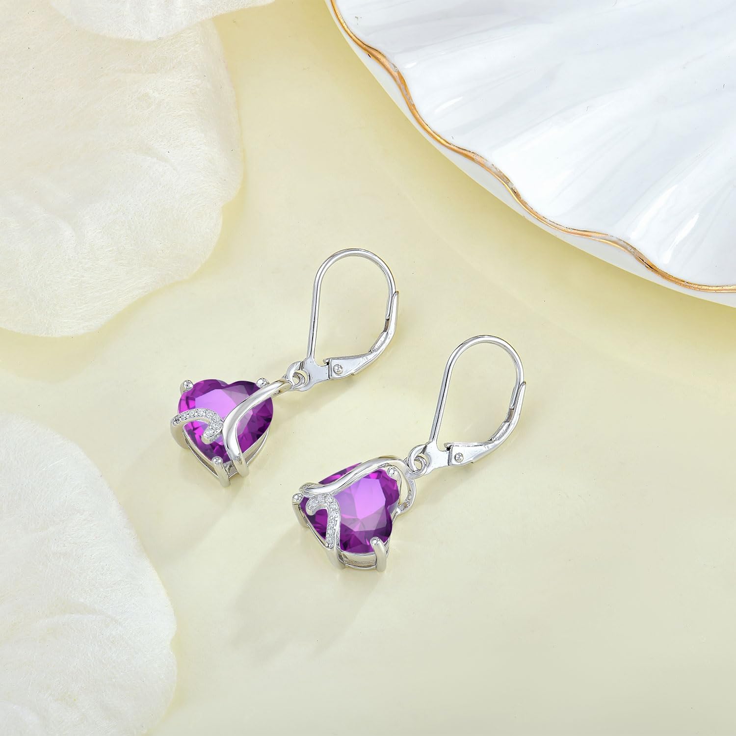 Women Heart Dangle Earrings 925 Sterling Silver Birthstone Heart Leverback Drop Earrings 5A Cubic Zirconia Jewelry for Her
