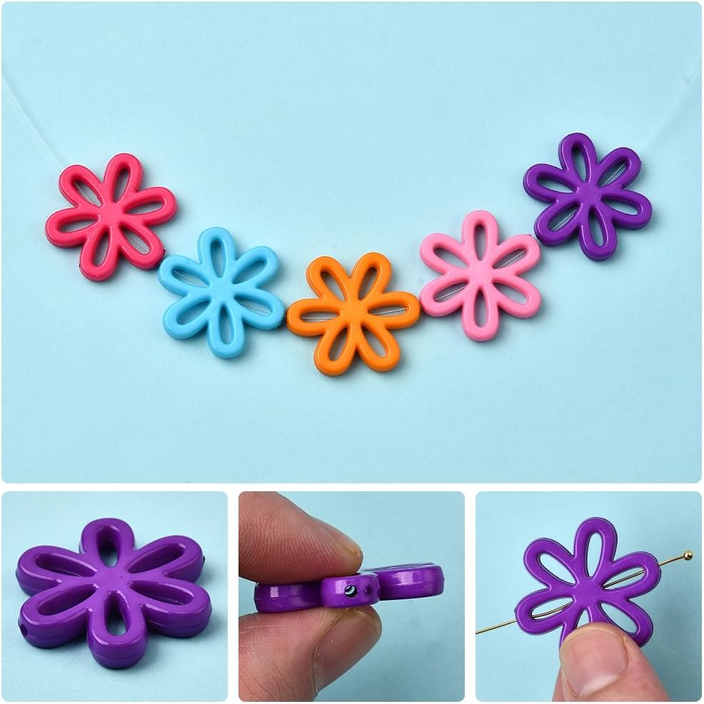 80Pcs Hollow Flower Beads Large Flower Charm Beads Random Multicolor Six Petals Acrylic Floral Charms Loose Spacers for Jewelry Making Bracelets Necklaces Earrings Phone Case DIY Crafts - Image 3