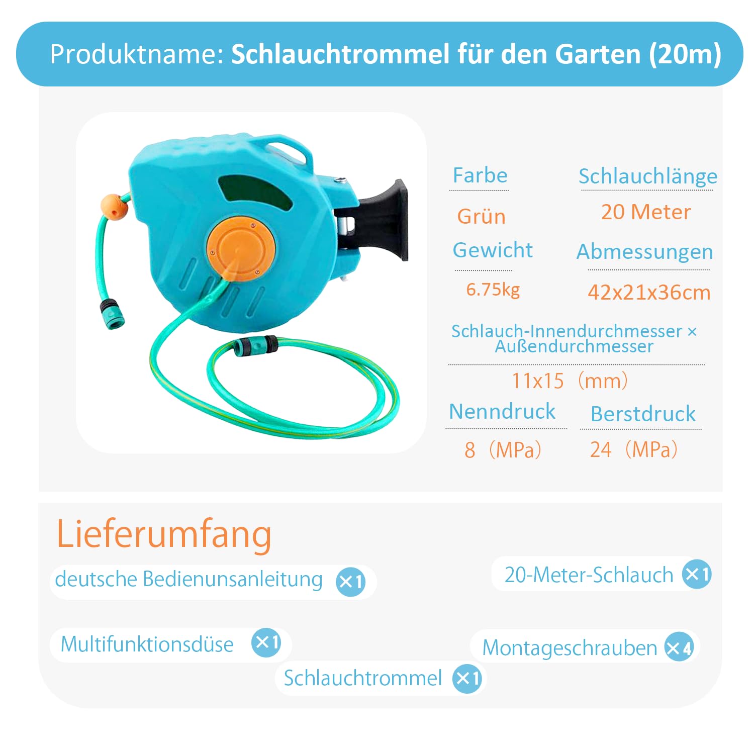 Kurflo Wand-Schlauchtrommel 20 m, Tragbare Schlauchtrommel, Automatischer Rückzug, mit Multifunktionsdüse & 180°-Drehbügel, Rostfrei, Geeignet für Gartenbewässerung, Reinigung, Autowäsche
