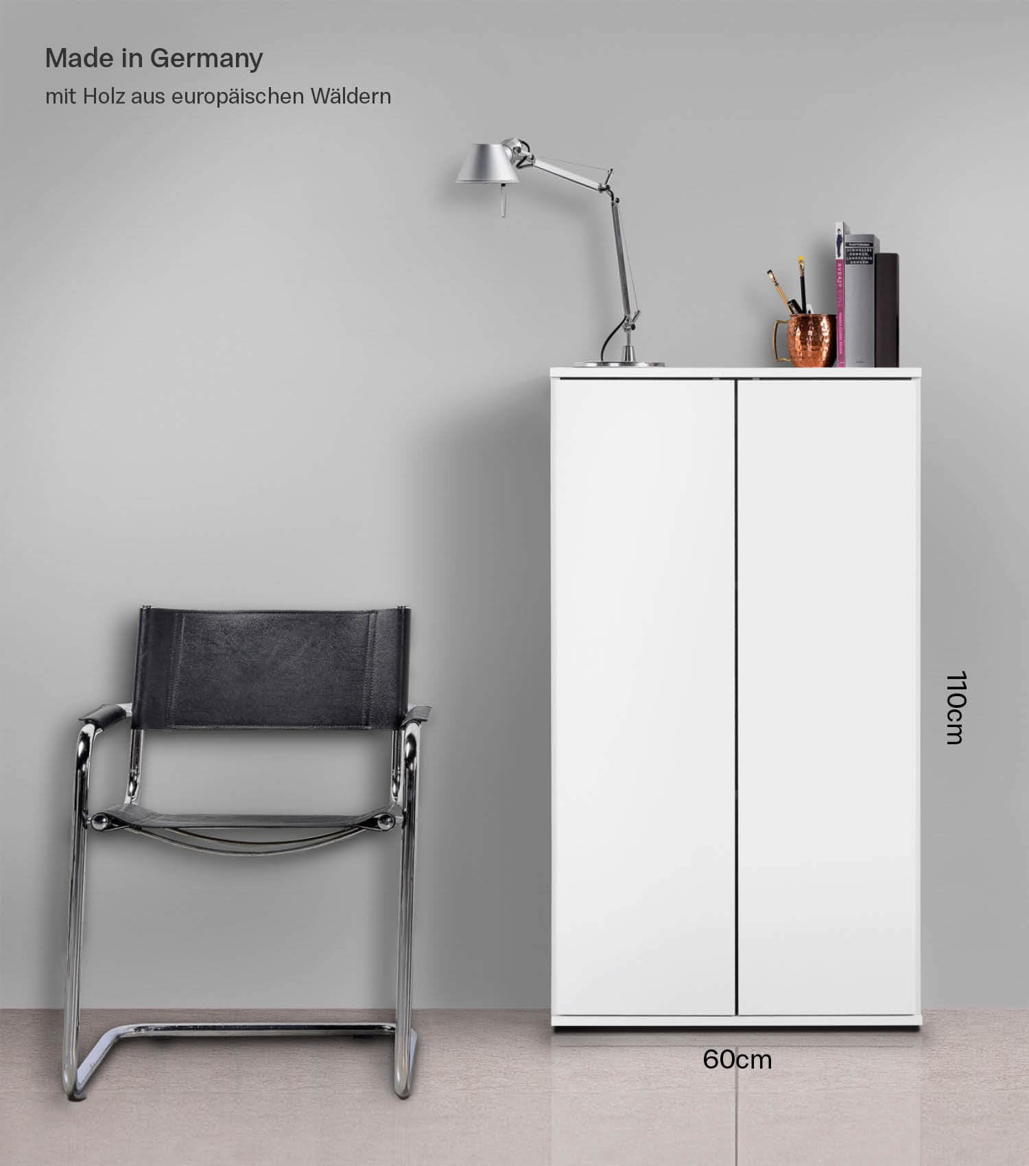 mokebo Mehrzweckschrank Büroschrank 'Der Schlanke' (60x110 cm) aus Holz schmaler Aktenschrank oder Haushaltsschrank, auch als Kleiner Schuhschrank in Weiß
