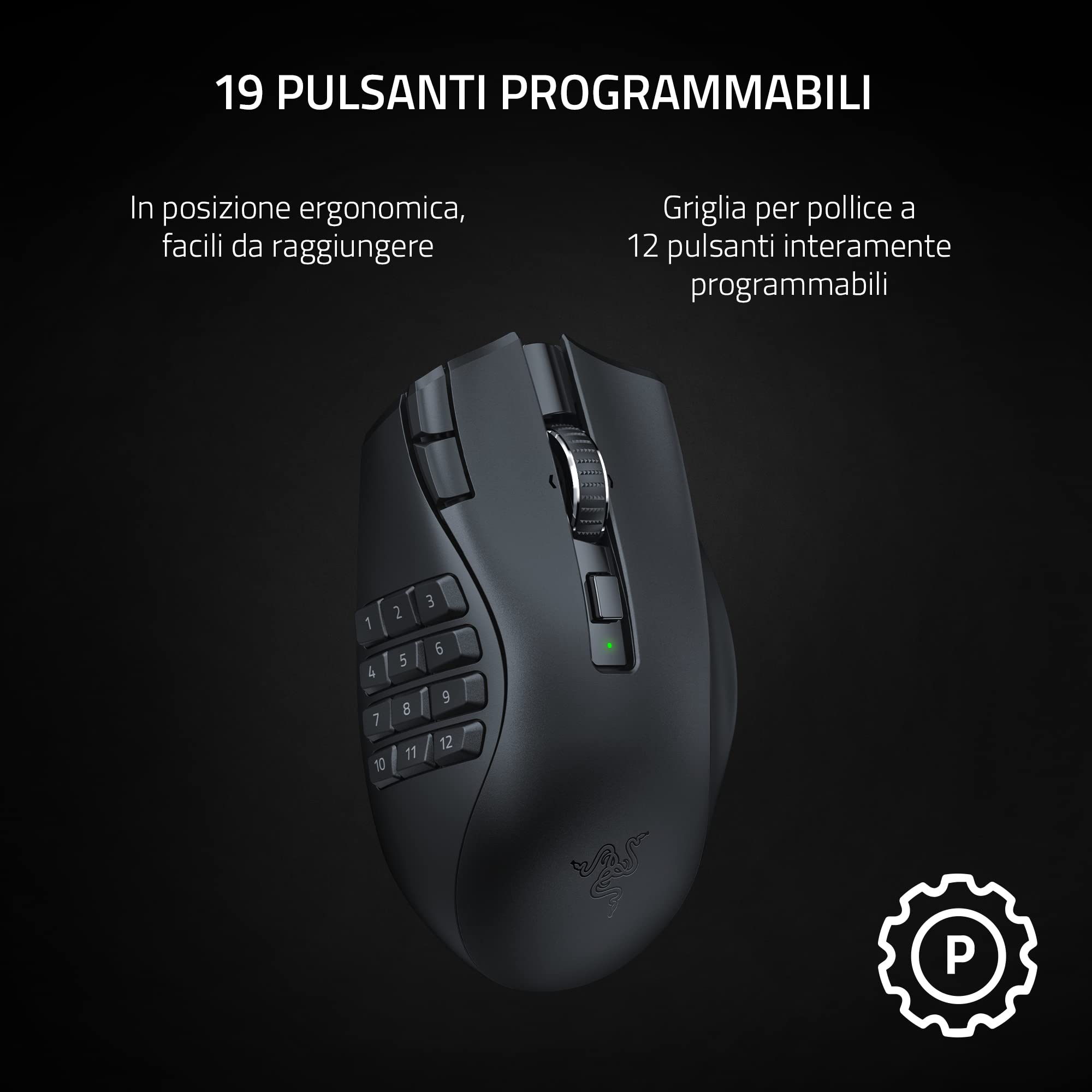 Razer Naga V2 HyperSpeed - Mouse da Gioco MMO Wireless Ergonomico (19 Pulsanti Programmabili, Hyperspeed 2,4 GHz, Fino a 250 Ore Di Durata Della Batteria, Sensore Ottico Focus Pro 30K) Nero