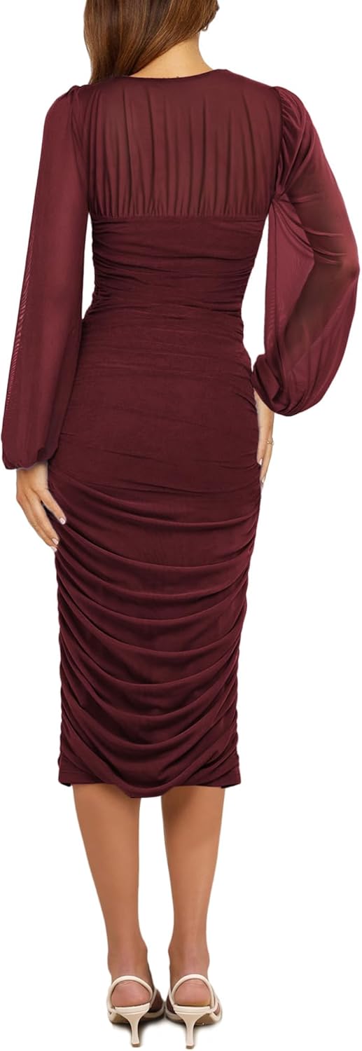 Aisbei Women's Sexy Ruched Bodycon Midi Dress Long Puff Sleeve Square Neck Mesh Cocktail Party Wedding Dresses - Image 3