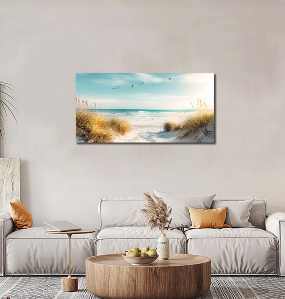Beach Canvas Wall Art Decor Ocean Pictures Prints for Living Room Coastal Path Painting Seascape Artwork Sea Reeds Landscape for Bedroom Bathroom Home Office Decorations(20"*40")