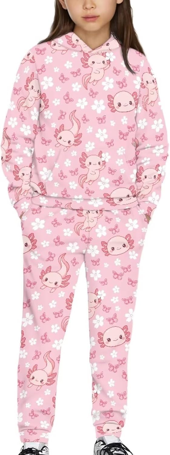 Girls 2 Piece Sweatsuit Outfits Relaxed Pullover Hooded Sweatsuits Casual Kids Fall Clothes Set