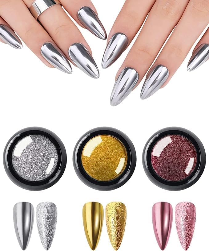 Chrome Nail Powder Set, 3 Metallic Mirror Effect Nail Powder Colors, Metallic Glitter Pigment for Nail Art, Manicure Decoration for Natural, Gel, Acrylic & Artificial Nails(Pack of 5 | Multicolor)-image-34