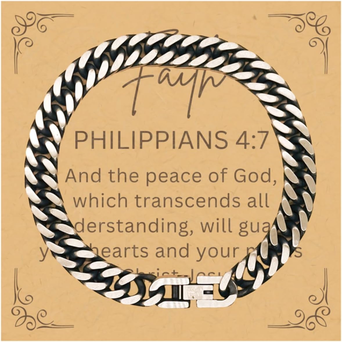 PARN'S Gifts For Christian Bible Verse - Philippians 4:7 - Cuban Link Bracelet Faith Gifts For Son Dad Brother Nephew Boyfriend Husband, Religious Jewelry Bracelet Message Card Box