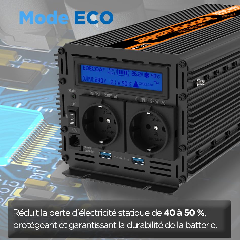 EDECOA Convertisseur 24v 220v Pur Sinus 3500w Onduleur et écran LCD pour Camion Panneau Solaire autocaravane avec télécommande Power Inverter 24v 230v (3ème génération