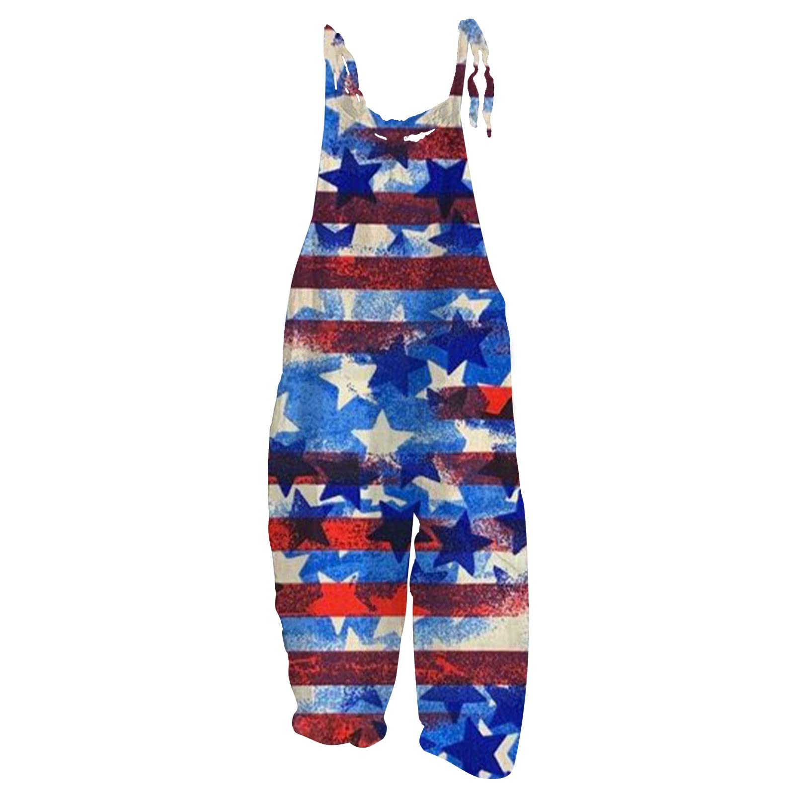 Summer Jumpsuit for Women 2023 Sleeveless Cotton Linen Overalls Independence Day Printed Casual Loose Rompers